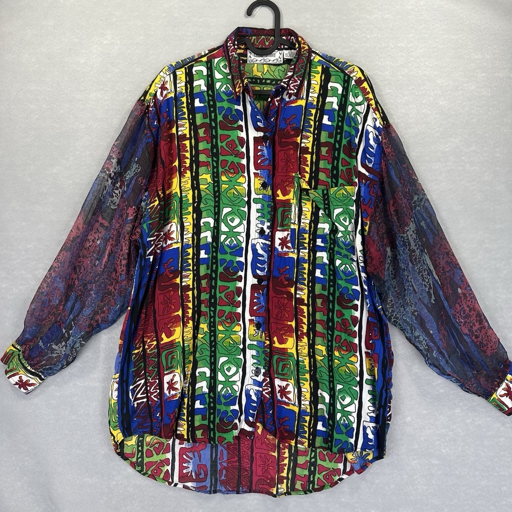 VTG 90s Leena Studio Abstract Print Button Down Shirt LG Sheer Chiffon Sleeves